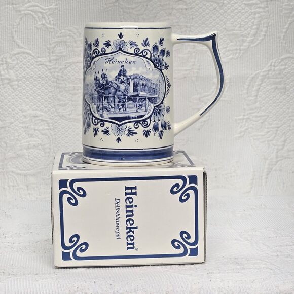 Vintage Heineken Hand Painted Delftblue Beer Mug Stein Horse Carriage German - Picture 1 of 9